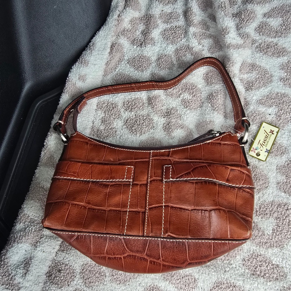 Fossil Camrn Croc Embossed Leather Shoulder Bag Cognac Brown Y2K NWT Preppy Vtg